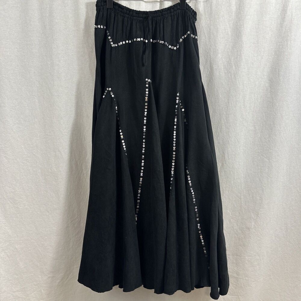 Runway 101 Black Sequin Detail Western Flowy Boho Maxi Elastic Waist Skirt S/M?